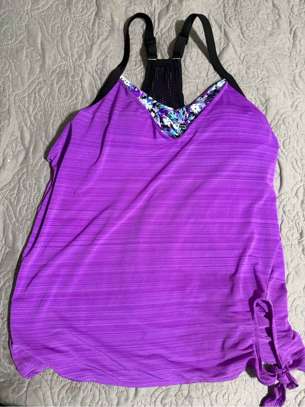 ZeroXposur Purple Active Tie-Side Cami with Floral Trim - Picture 2 of 8
